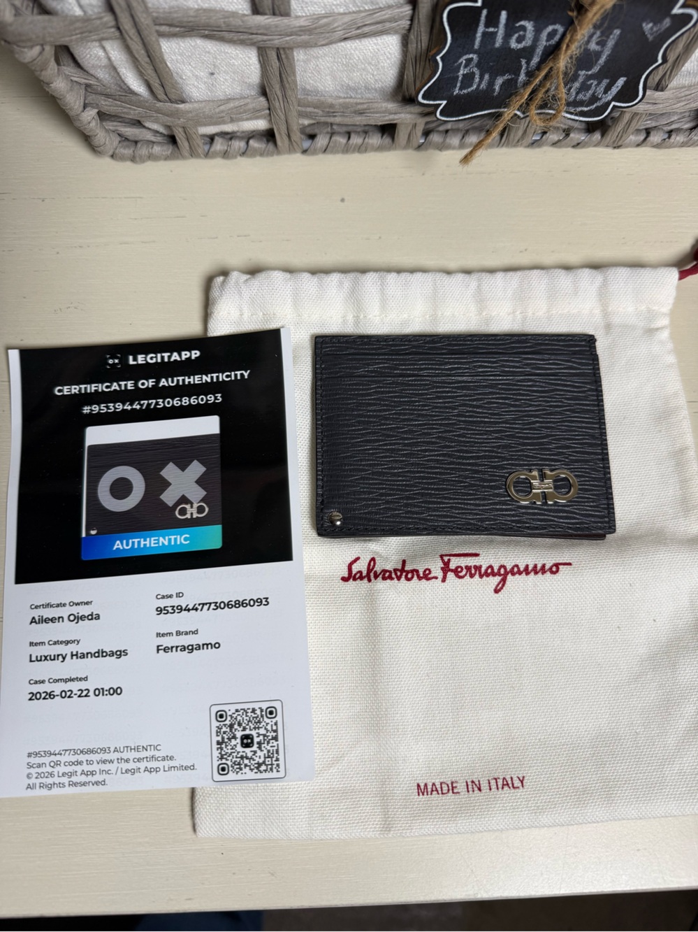 Salvatore Ferragamo authentic Black Textured Leather Card Case with Gold Gancini